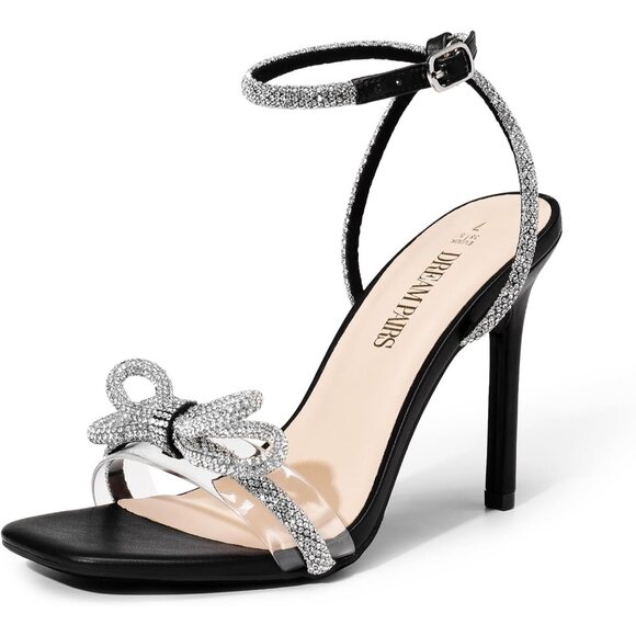 🆕 Women Black Double Bowknots Crystal Sandals Clear Slingback Square Toe Heels - Picture 1 of 7